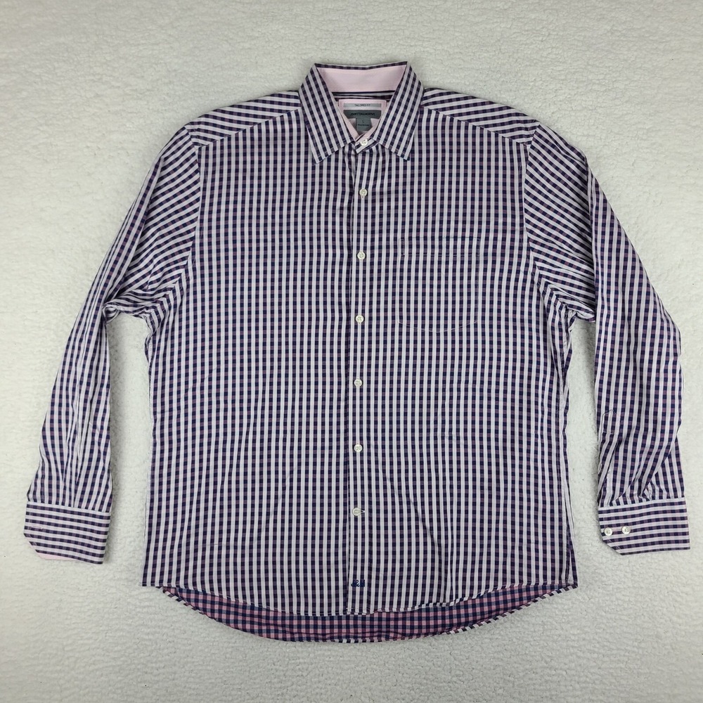 Johnston Murphy Shirt Mens Large Blue Purple Plaid Tailored Fit‎ Dress Button Up